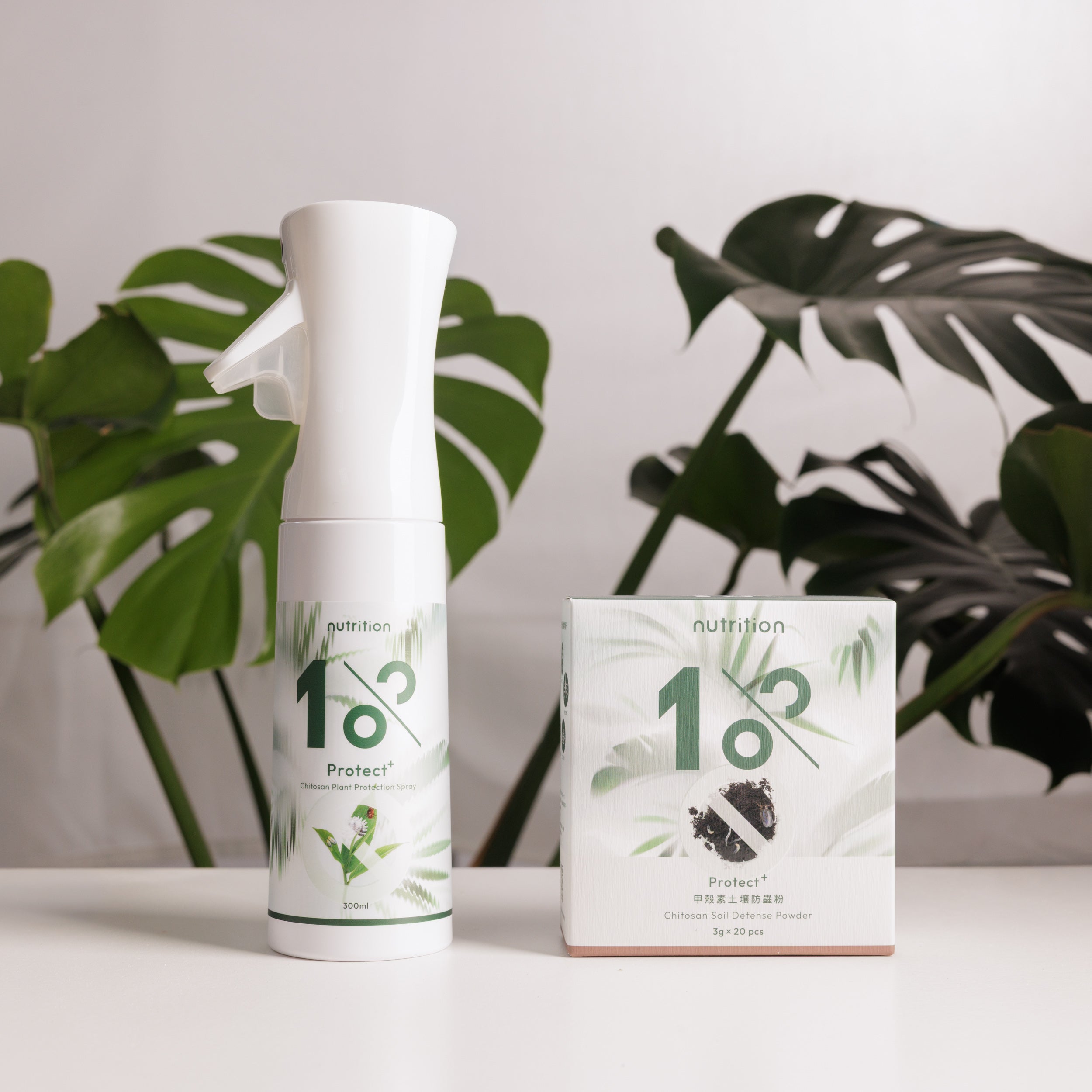 1%植物關鍵 Protect+植物防護噴霧搭配甲殼素土壤防蟲粉,適合作為小黑飛防治推薦方案與室內植物防護使用
