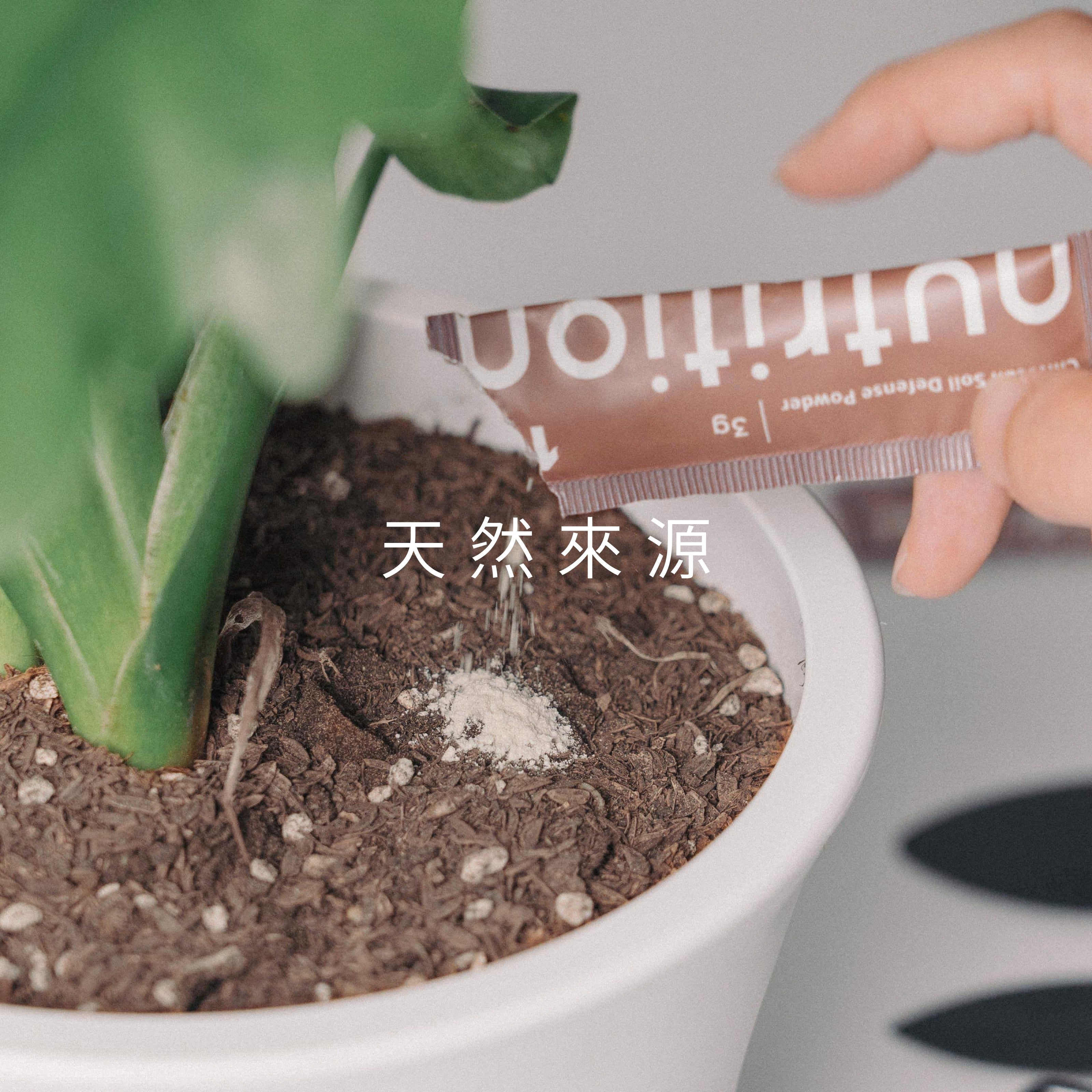 1%植物關鍵 Protect+ 甲殼素土壤防蟲粉,採用天然來源成分,撒入盆栽土壤進行根土與蟲害日常防護