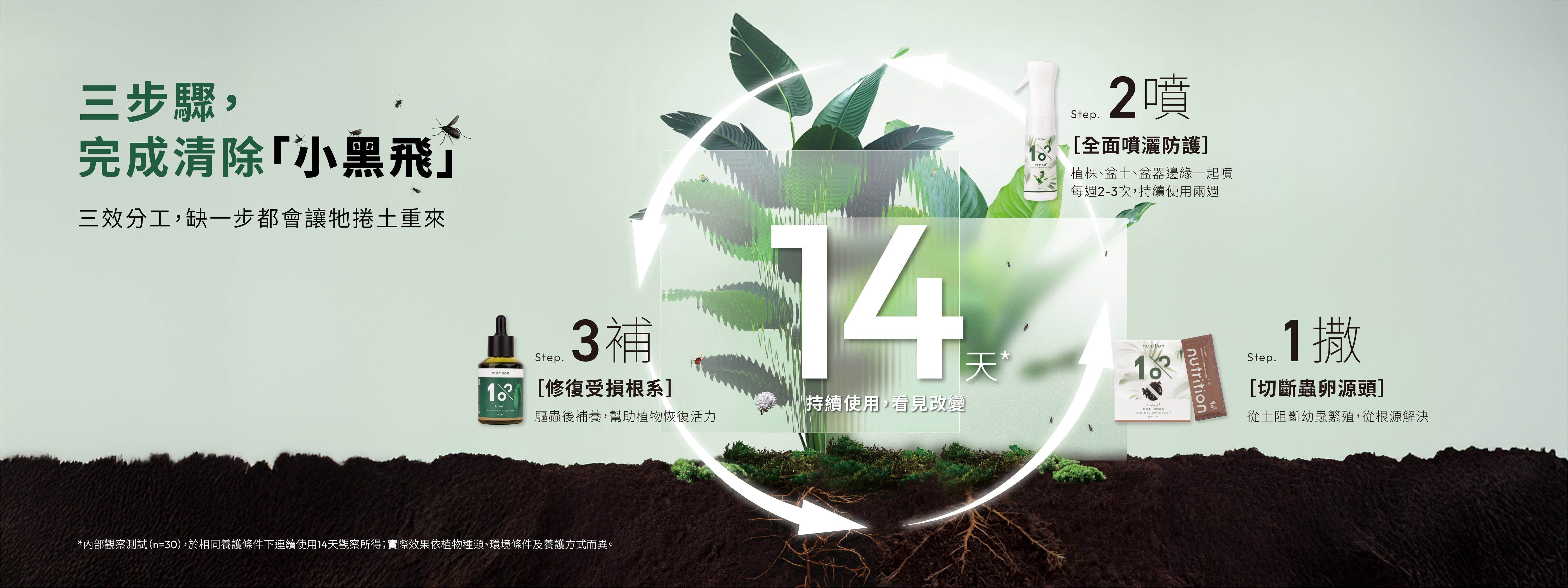 小黑飛防治三步驟,防蟲粉搭配驅蟲噴霧與植物營養精華建立完整防治循環