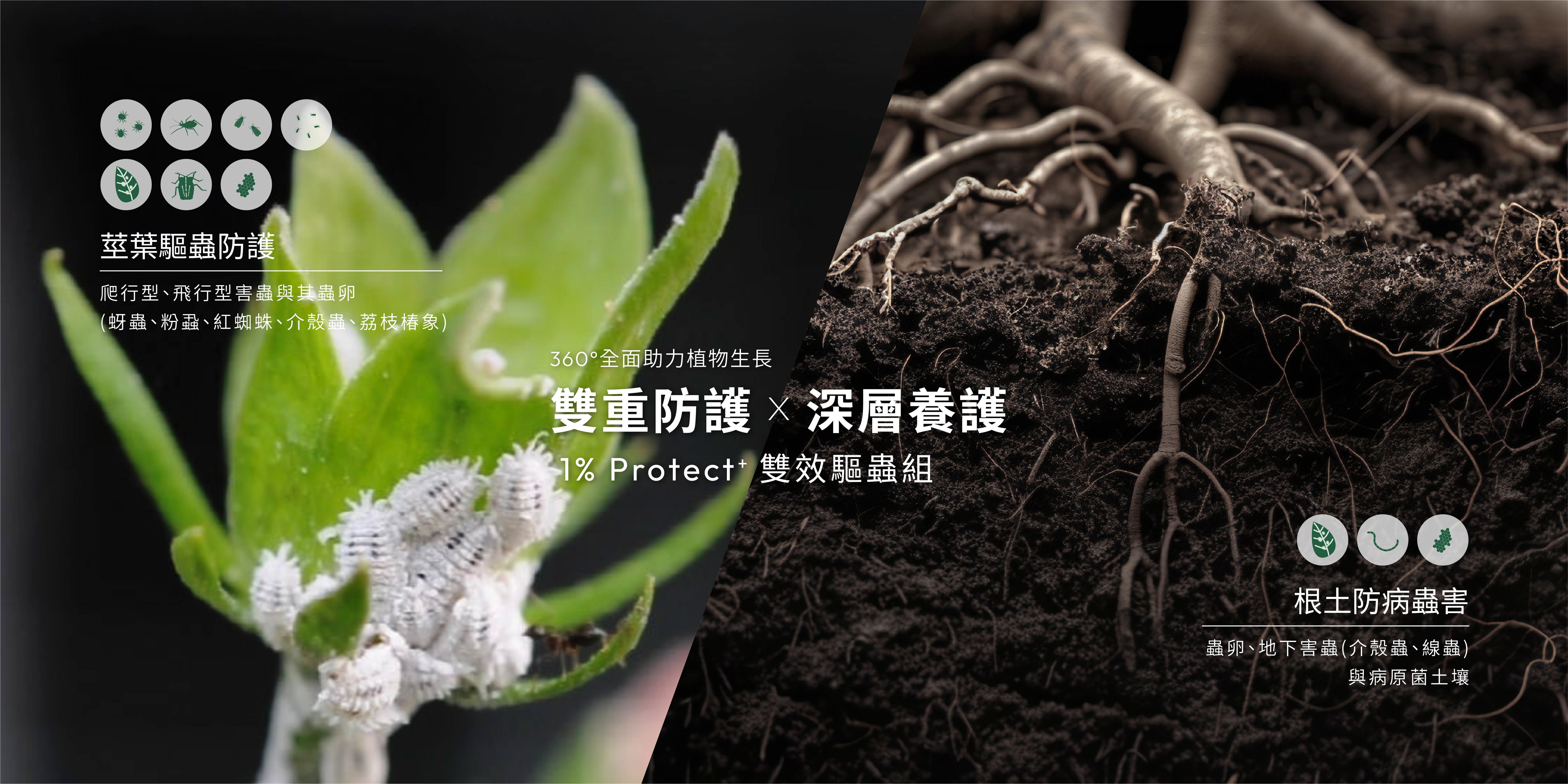1%植物關鍵 Protect+ 雙效驅蟲組電腦版橫幅,結合莖葉害蟲防護與根土蟲害日常養護