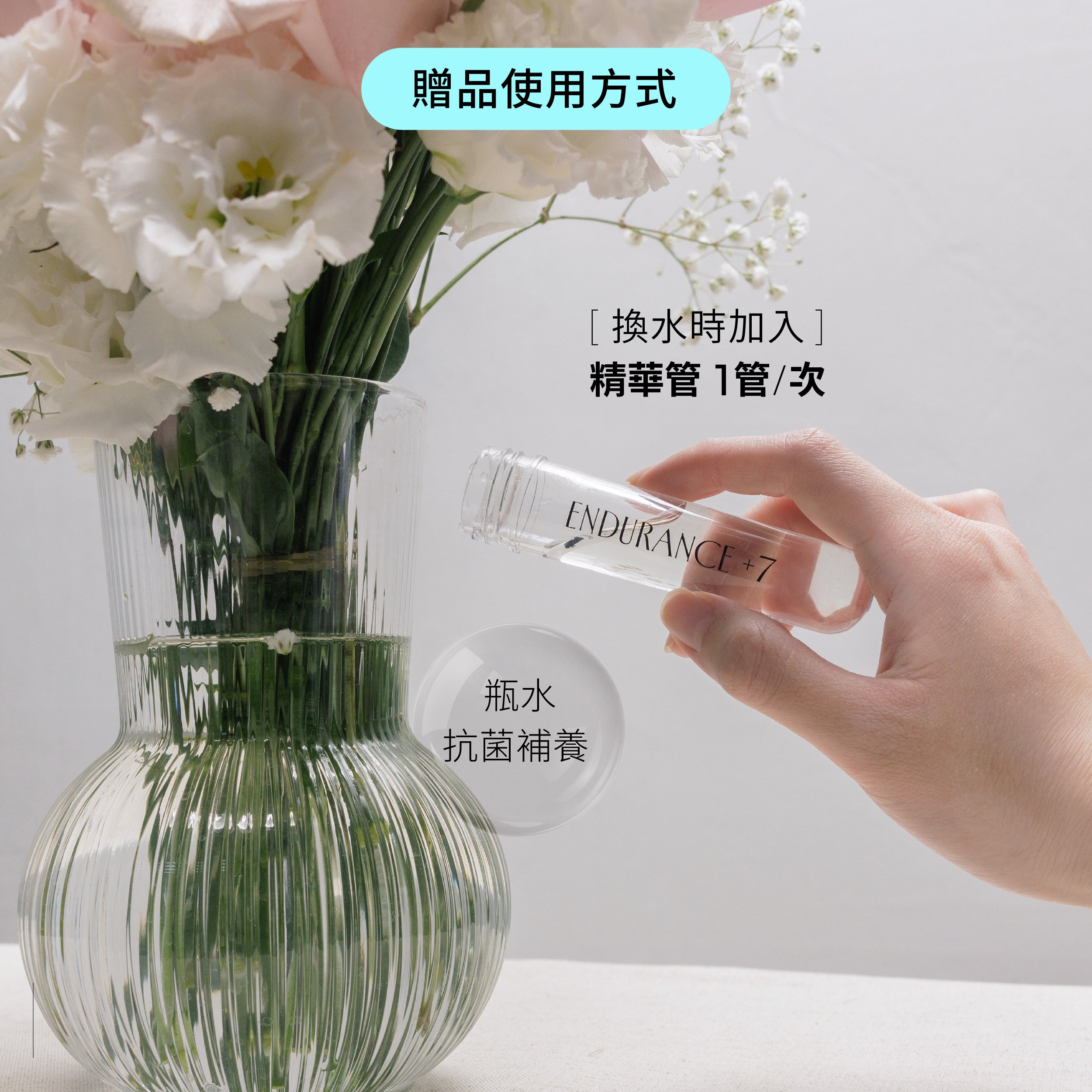 1%植物關鍵 Endurance+7 鮮花保鮮精華管使用方式，每2-3天換水時將一管精華加入花瓶水中，幫助瓶水抗菌並為鮮花補充養分