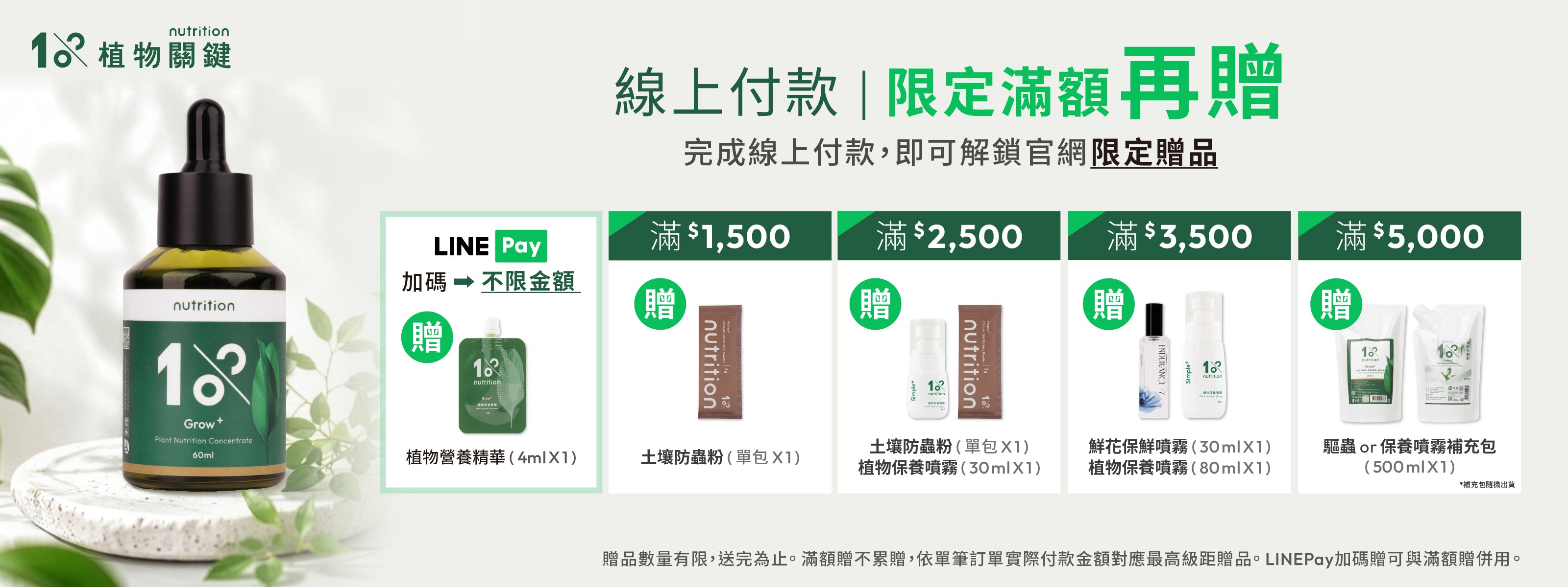 1%植物關鍵官網獨家活動，線上付款限定滿額贈，下單完成線上付款，即可解鎖官網限定滿額贈品，使用Line Pay完成付款，再加贈植物營養精華4mlx1