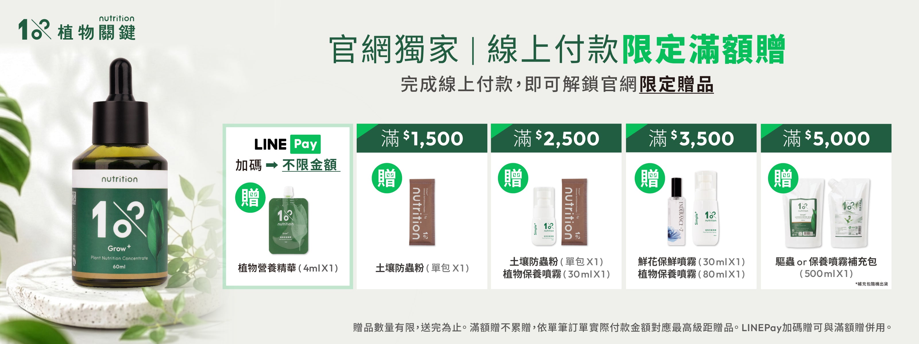 1%植物關鍵官網獨家活動，線上付款限定滿額贈，下單完成線上付款，即可解鎖官網限定滿額贈品，使用Line Pay完成付款，再加贈植物營養精華4mlx1